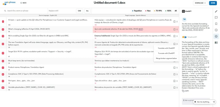 AI translation agent in Pairaphrase editor