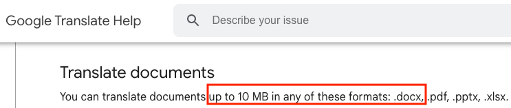 google translate file size limit