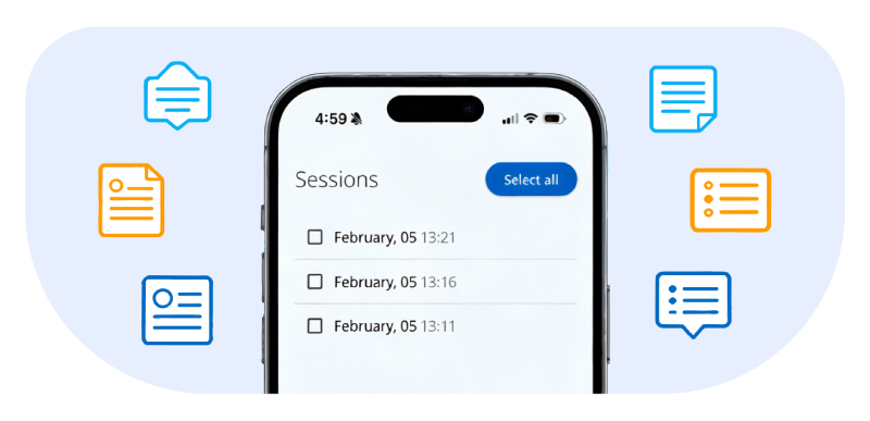 PairaVoice Pro app showing saved and searchable conversation transcripts