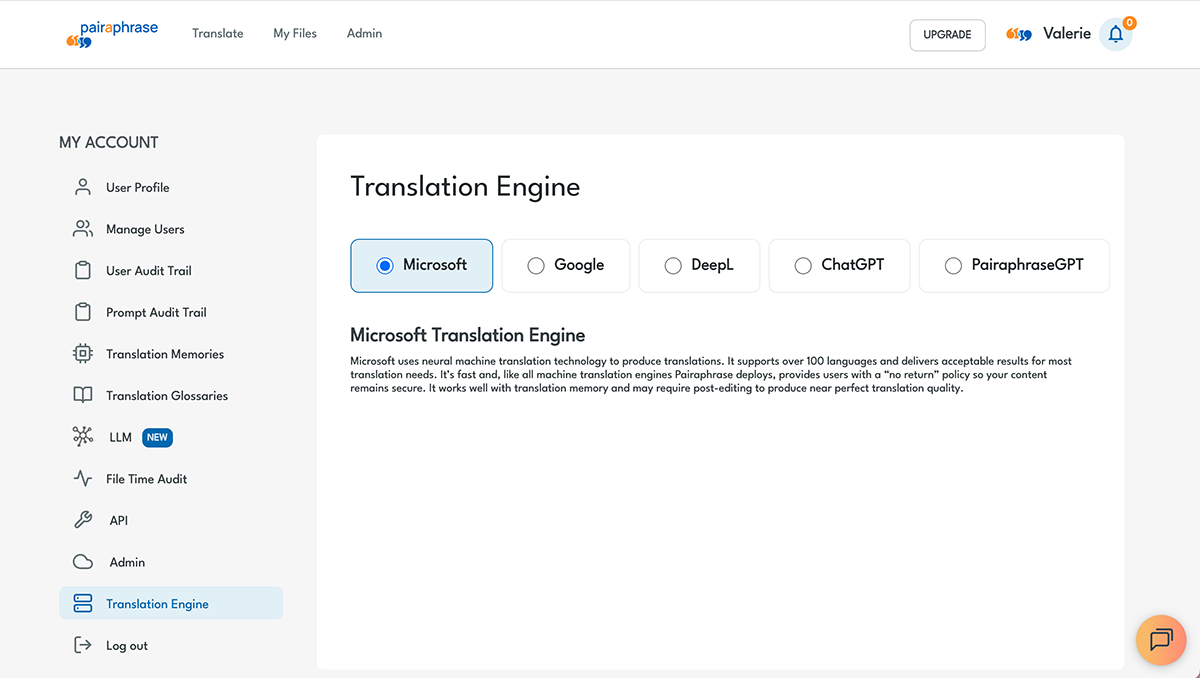 Pairaphrase Web App Screenshot - Select Translation Engine