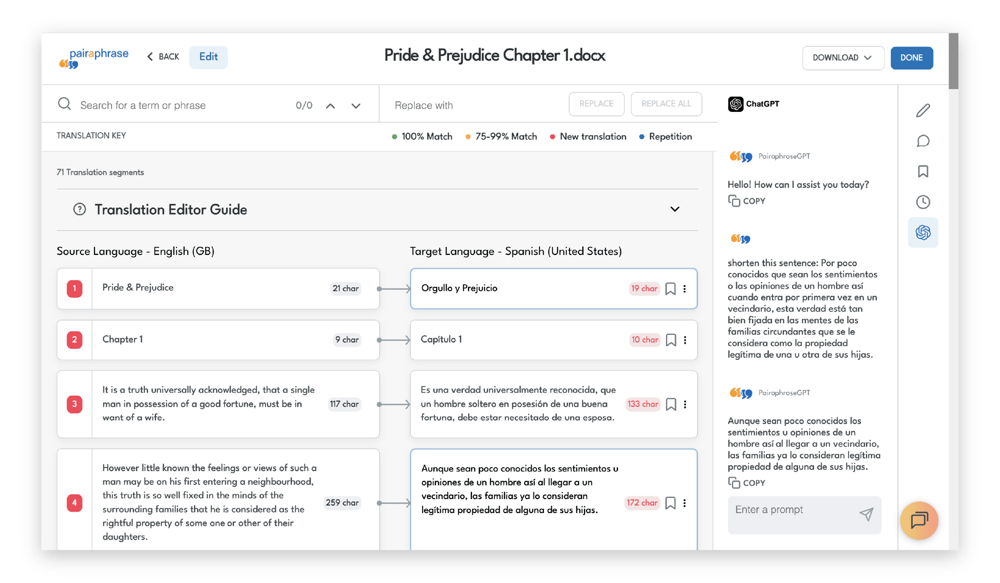 Pairaphrase Web App Screenshot - AI Splash Page Translation Agent Pride &amp; Prejudice