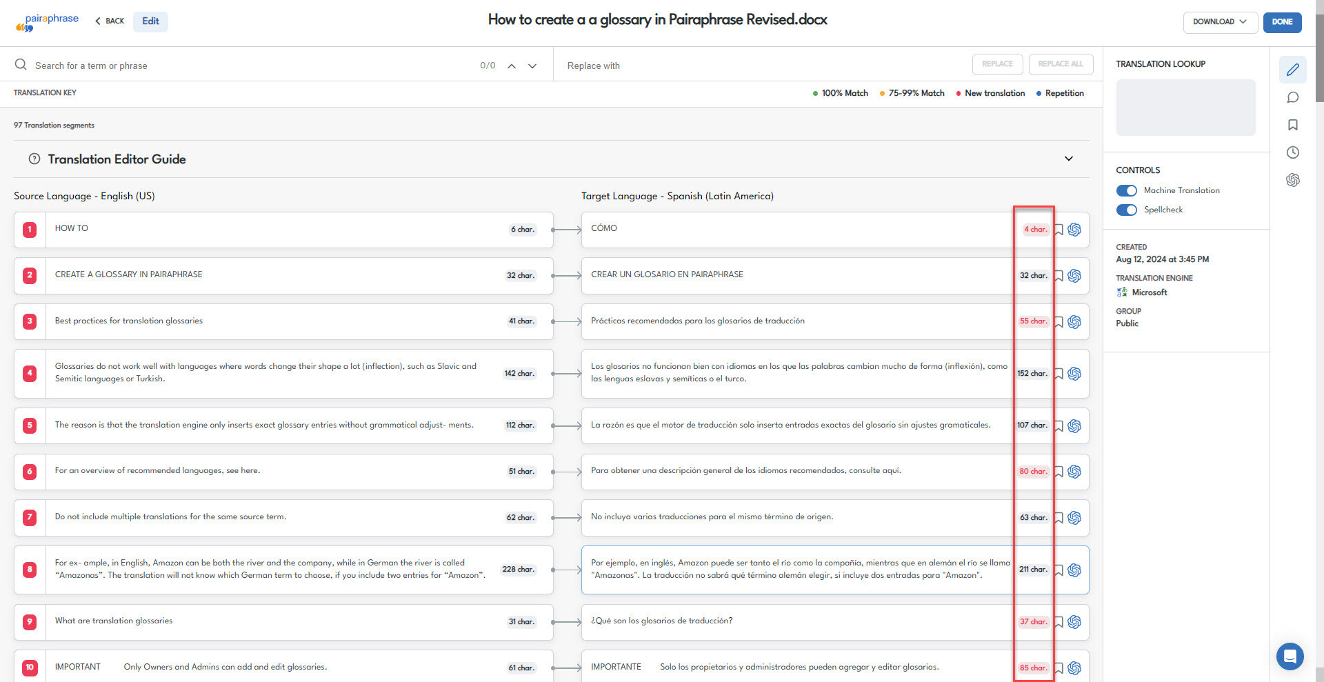 Pairaphrase Web App Screenshot - Character count functionality in Pairaphrase