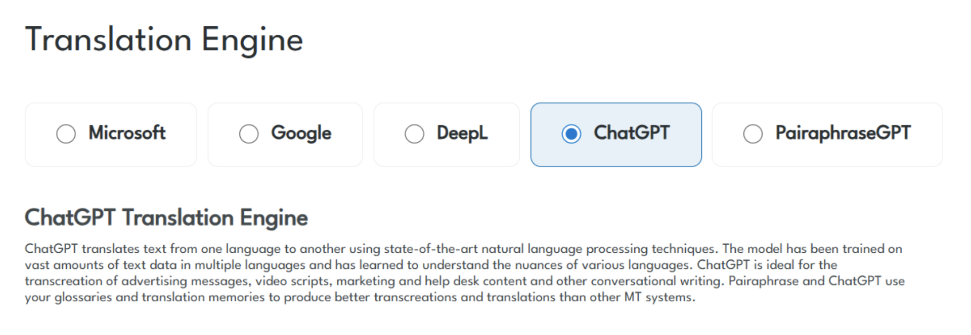 Pairaphrase Web App Screenshot - Pairaphrase Translation Engine Selection