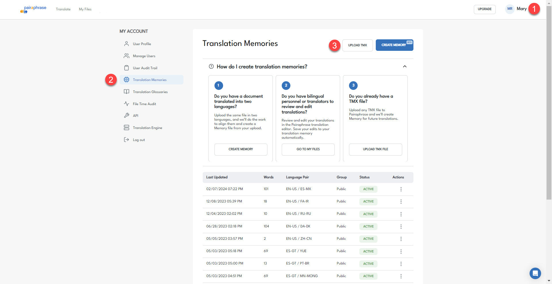 Pairaphrase Web App Screenshot - How to upload a TMX file in Pairaphrase