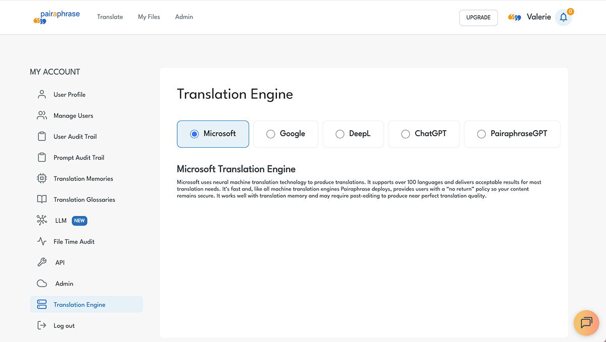 Pairaphrase Web App Screenshot - Select Translation Engine