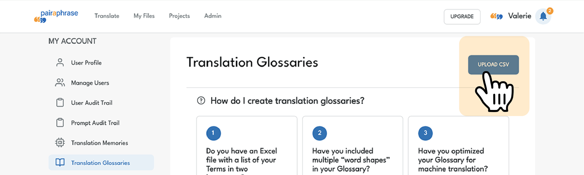 Pairaphrase AI Sandbox - Glossary creation step 5