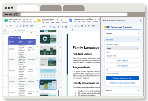 Google Workspace interface with Pairaphrase integration for Sheets, Docs, and Slides