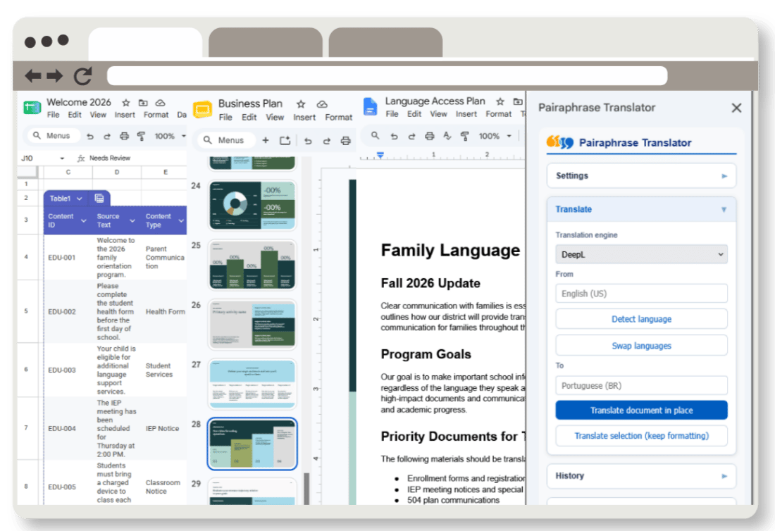 Google Workspace interface with Pairaphrase integration for Sheets, Docs, and Slides