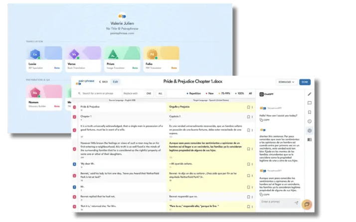 Pairaphrase TMS interface for managing enterprise translation projects