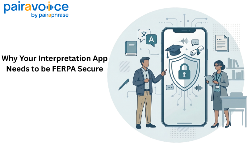 Vector illustration of a blank smartphone with a secure shield icon surrounded by educational and translation symbols, flanked by two educators in a classroom setting
